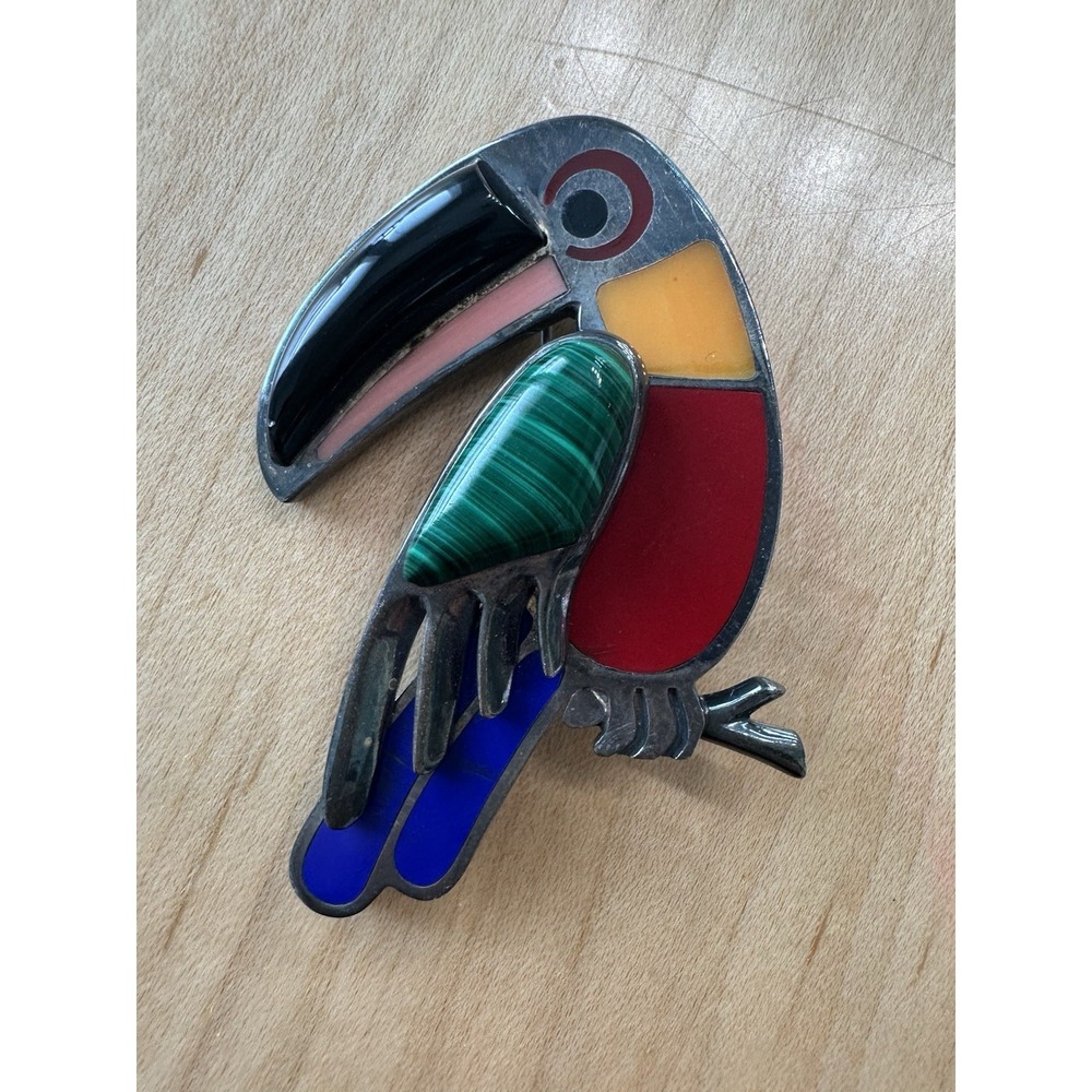 VTG Mexico‎ 950 Sterling Silver Toucan Parrot Bird Brooch Inlay Gemstone TS-143